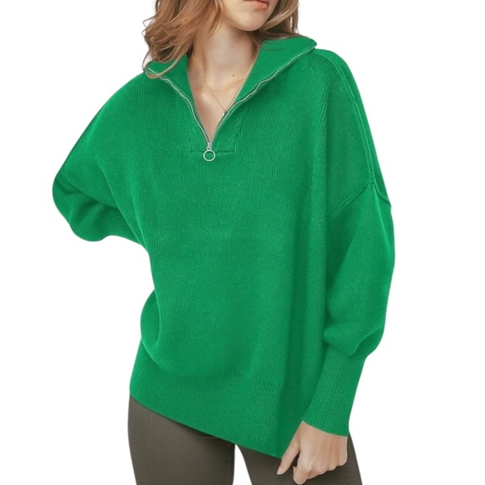 H&M Green Quarter Zip Sweater with‎ Relaxed Fit and Long Sleeves